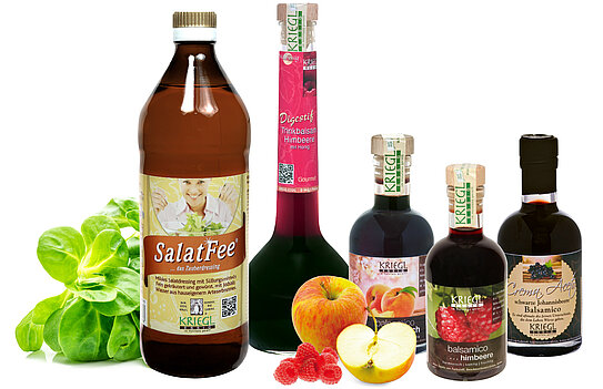 Kriegl Essig-Spezialitäten mit SalatFee, Himbeer-, Apfel- und Balsam-Essig